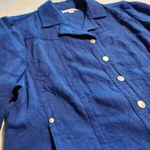 100% Cotton Royal Blue Textured Floral Snap Jacket 14P Coastal Chic Grandmacore